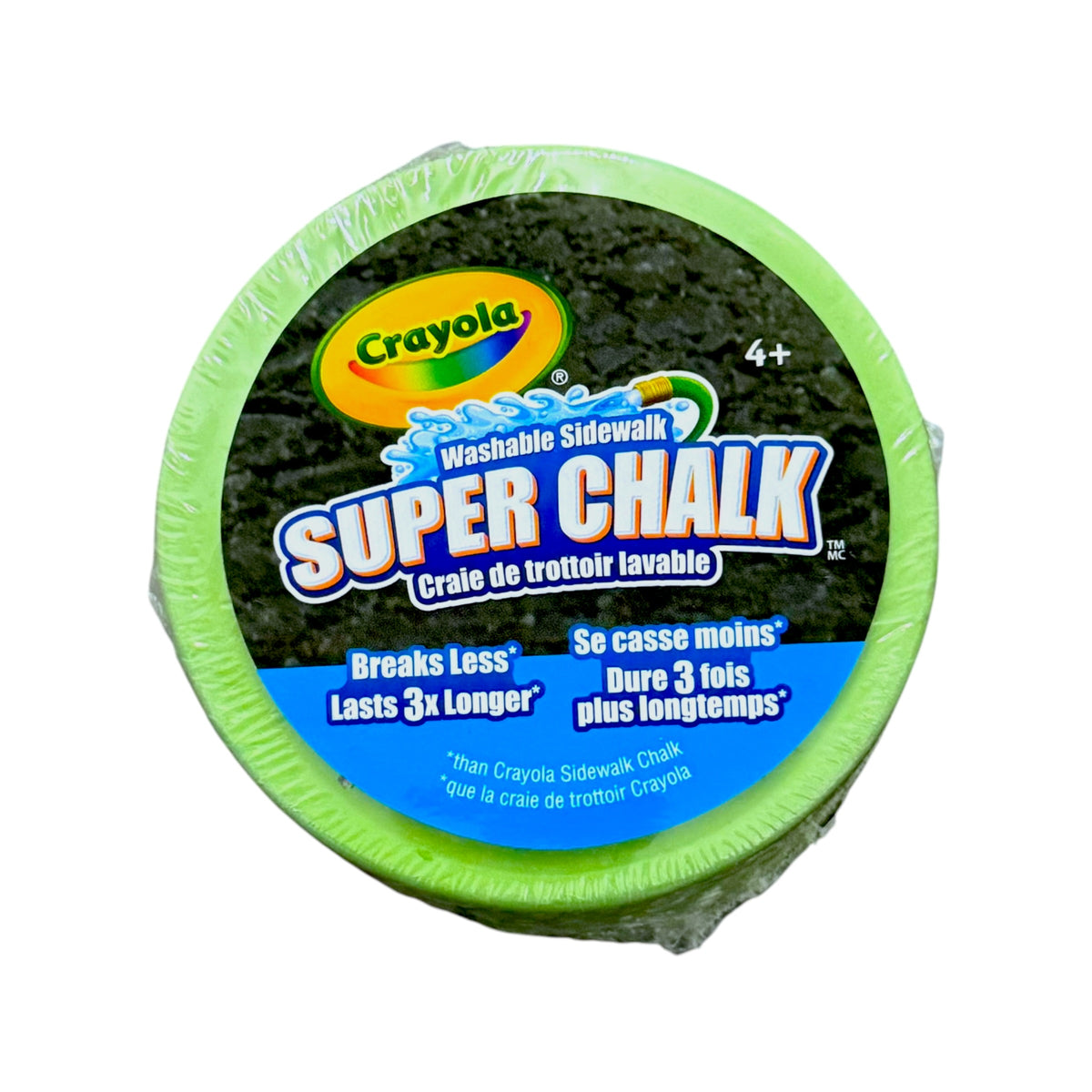 A round package of Crayola Super Chalk washable sidewalk chalk in a clear plastic wrap, featuring a bright green rim and a black label with blue and white text.