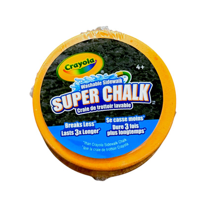 A round package of Crayola Super Chalk washable sidewalk chalk in a clear plastic wrap, featuring a bright orange rim and a black label with blue and white text.