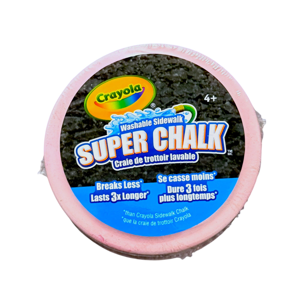 A round container of Crayola Super Chalk Washable Sidewalk Chalk, showing the pink chalk rim and a label with the Crayola logo on a white background.