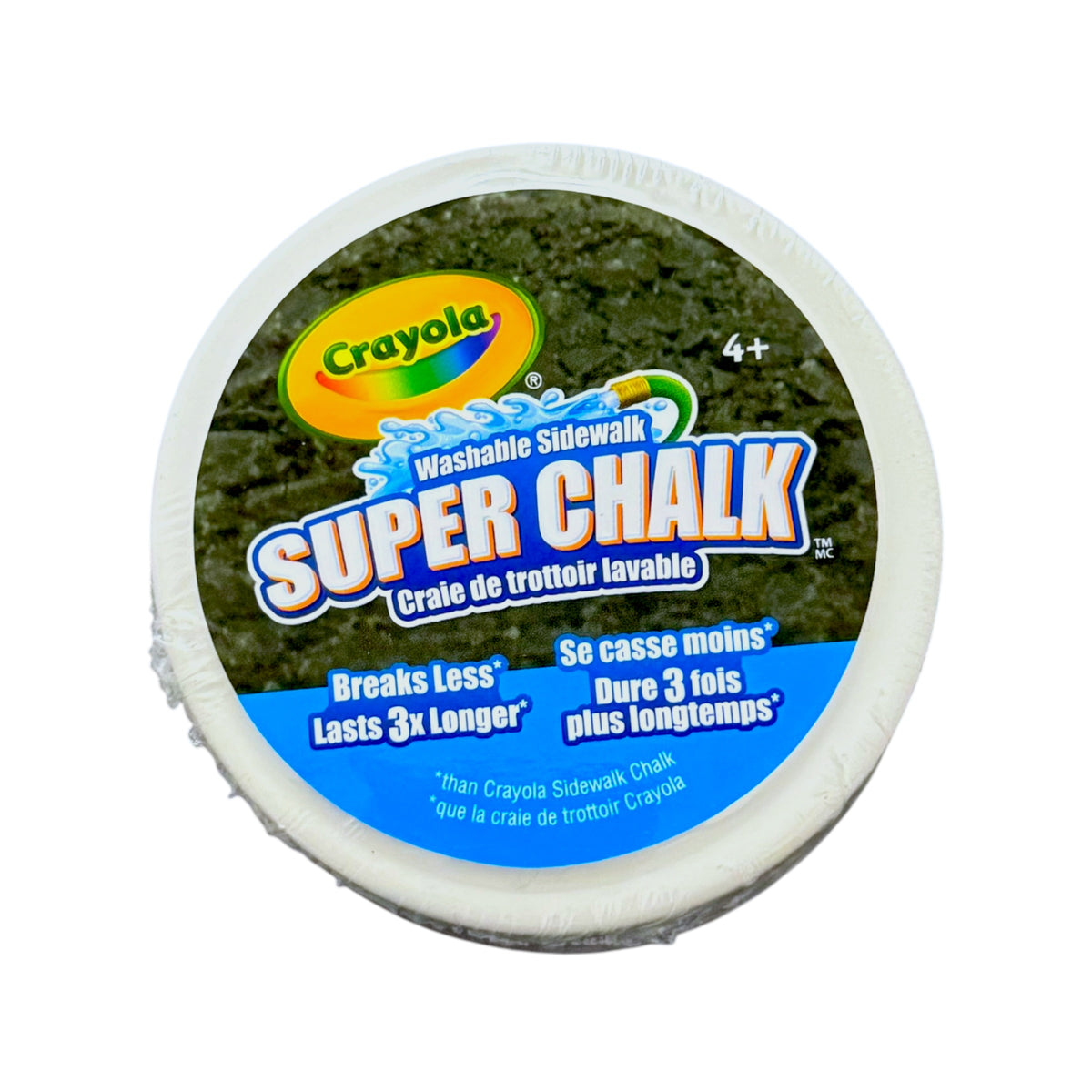A round package of Crayola Super Chalk washable sidewalk chalk in a clear plastic wrap, featuring a bright white rim and a black label with blue and white text.