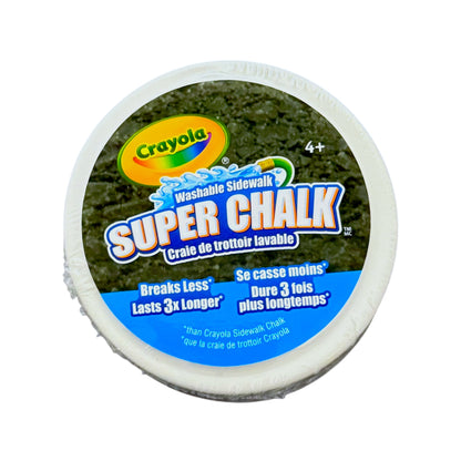 A round package of Crayola Super Chalk washable sidewalk chalk in a clear plastic wrap, featuring a bright white rim and a black label with blue and white text.