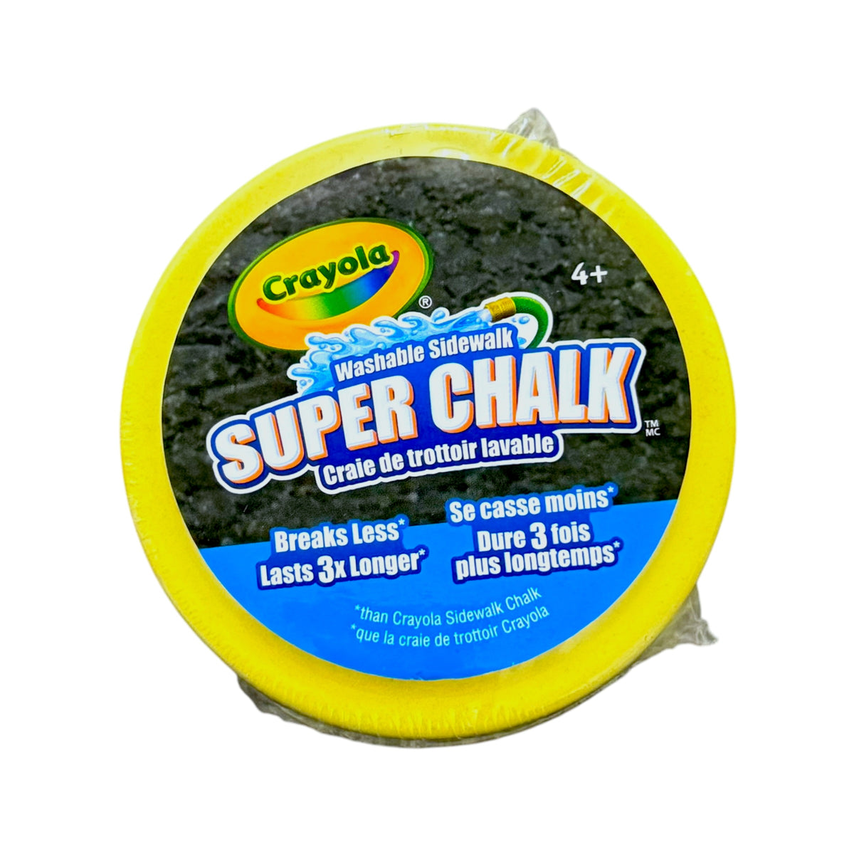 A round package of Crayola Super Chalk washable sidewalk chalk in a clear plastic wrap, featuring a bright yellow rim and a black label with blue and white text.