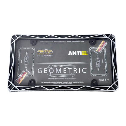 A black and white geometric license plate frame with a black insert, featuring the 'Cruiser' branding, shown on a plain white background.