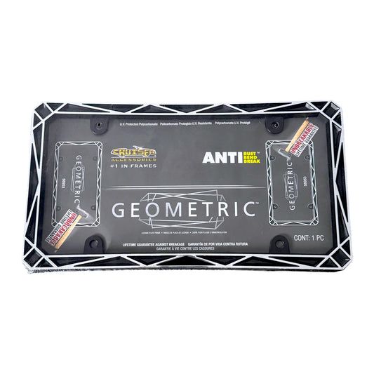 A black and white geometric license plate frame with a black insert, featuring the 'Cruiser' branding, shown on a plain white background.