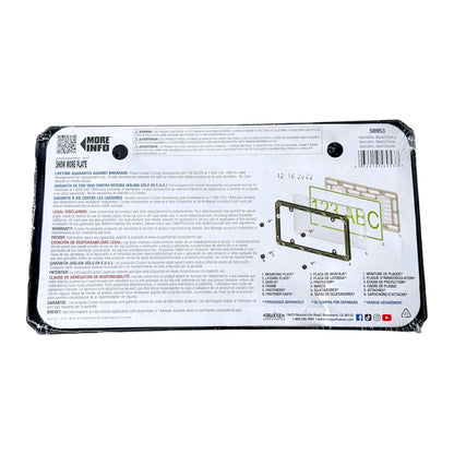 The back of a packaged license plate frame, showing printed instructions, specifications, a barcode, and a small diagram, sealed in clear plastic.