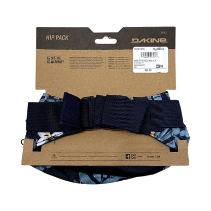 A packaged Dakine hip pack with dark navy webbing straps and a blue-and-white tropical leaf print, shown on its brown cardboard retail hanger against a white background.