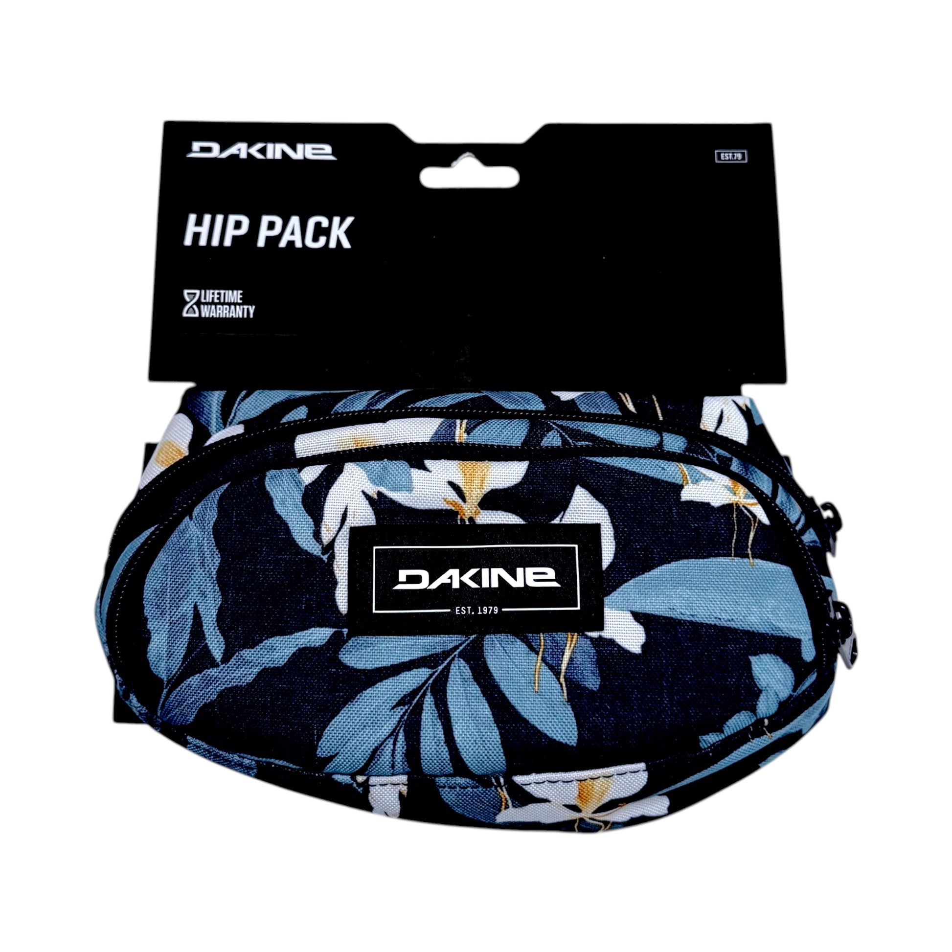 A Dakine Hip Pack in a navy blue floral print with light blue, white, and yellow accents, shown with its black retail hanger packaging.