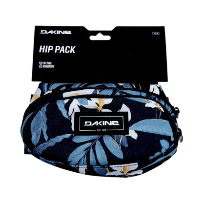 A Dakine Hip Pack in a navy blue floral print with light blue, white, and yellow accents, shown with its black retail hanger packaging.