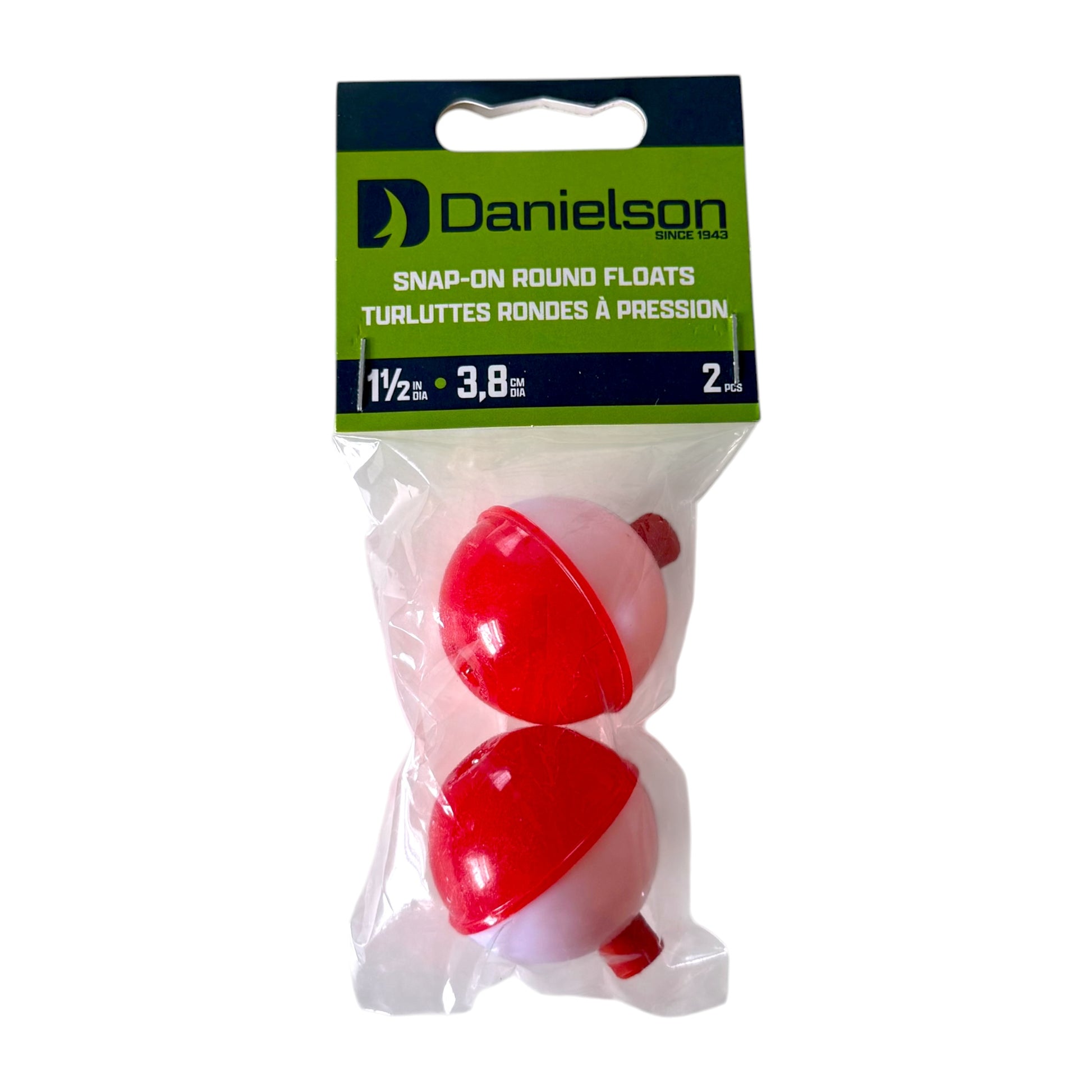 Two red and white snap-on round fishing floats in clear plastic packaging with a green and navy blue Danielson label.