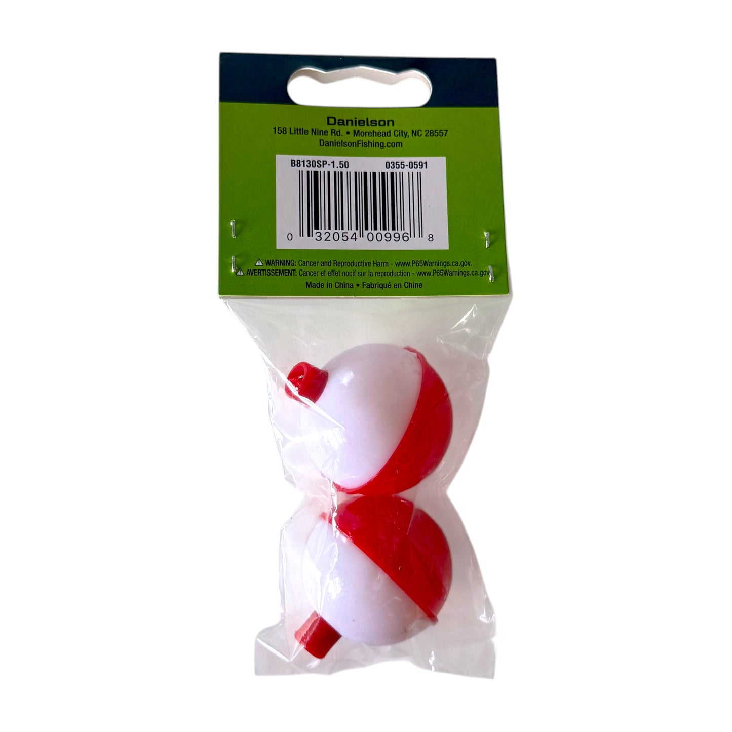 Two red and white plastic fishing floats in clear plastic packaging with a green and blue header card. The brand name Danielson is visible on the header.