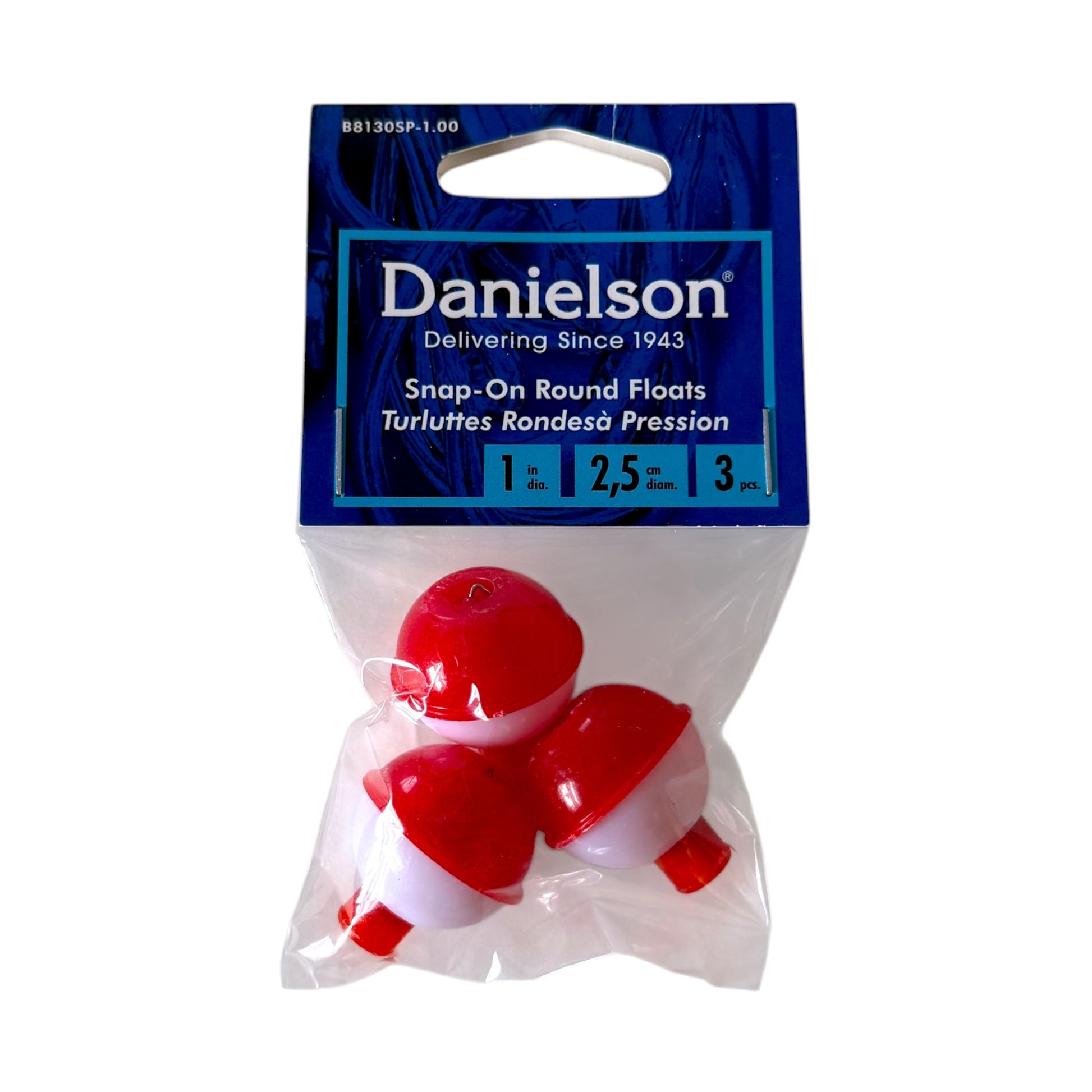 Three red and white snap-on round fishing floats in a clear plastic bag with a blue Danielson brand header card, shown on a white background.