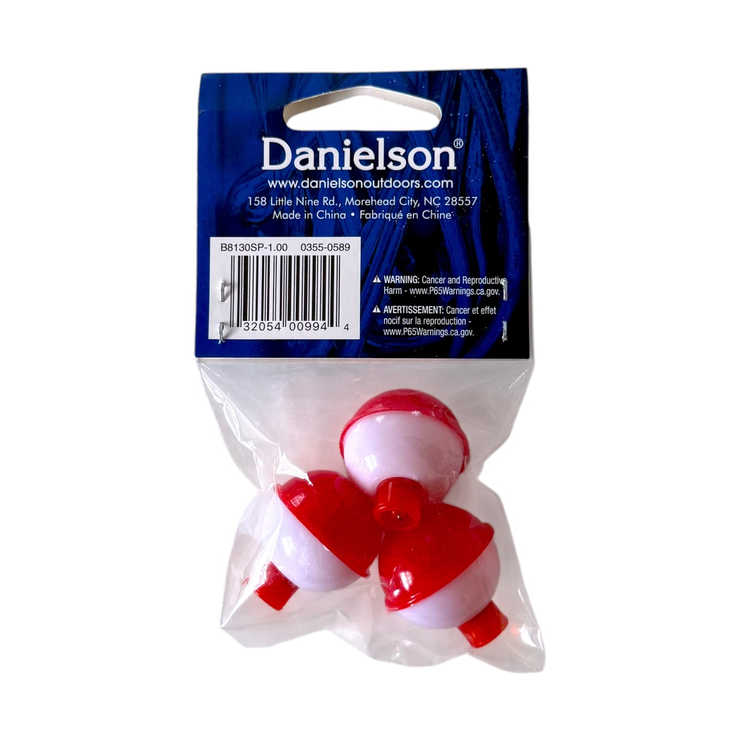 Three red and white plastic float covers in a clear plastic bag with a blue Danielson brand header card, photographed on a white background.