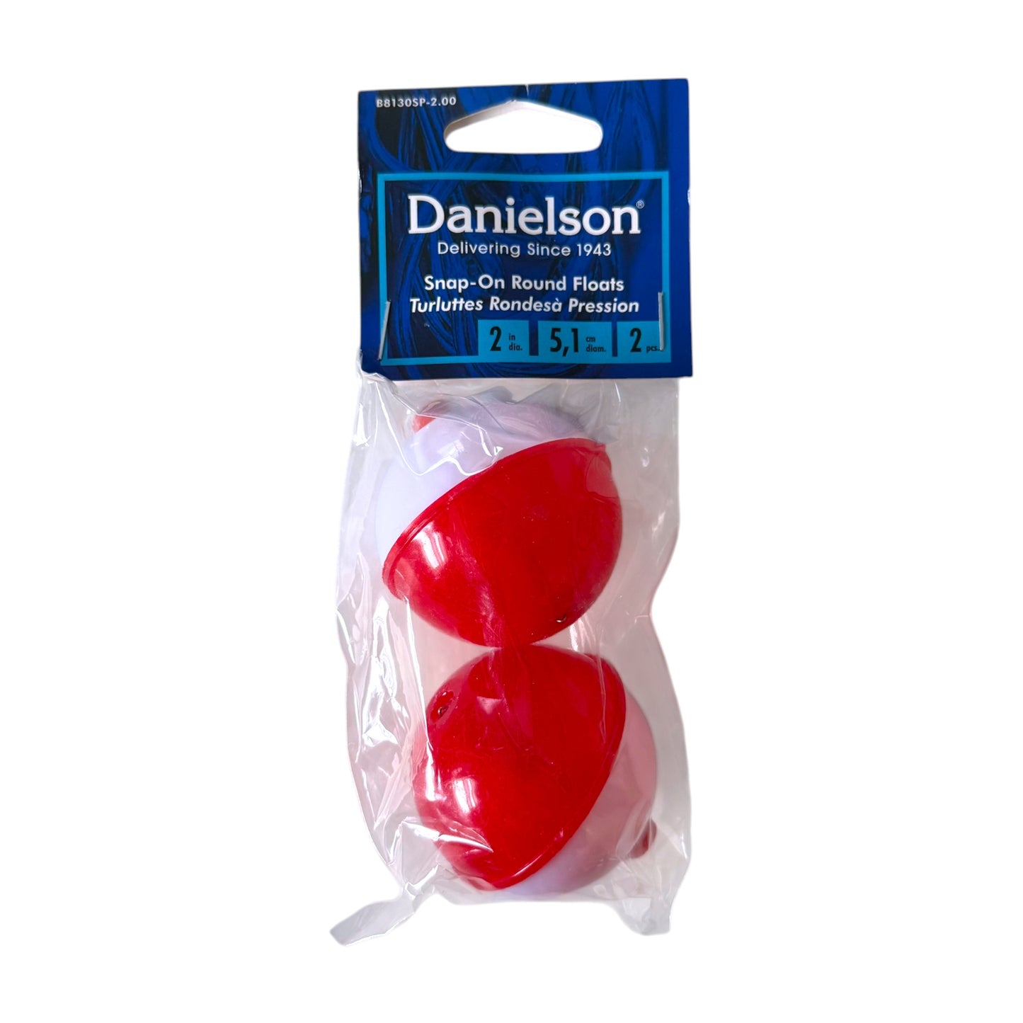Danielson snap-on round floats in a clear plastic bag with a blue header card. The product contains two bright red floats and one white float, packaged for retail.