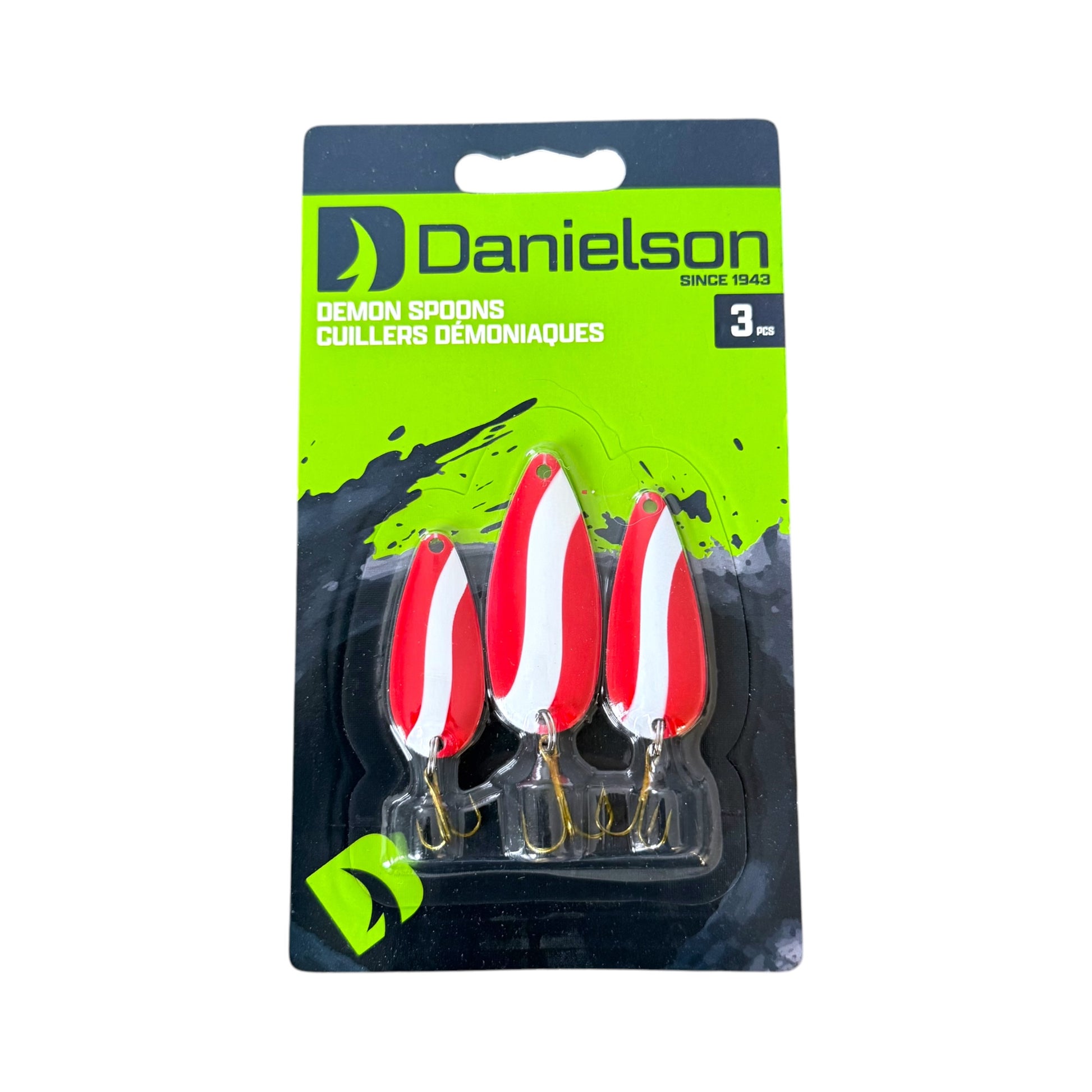 A 3-pack of Danielson Demon Spoons fishing lures in red and white striped pattern, packaged in a black and neon green blister card.