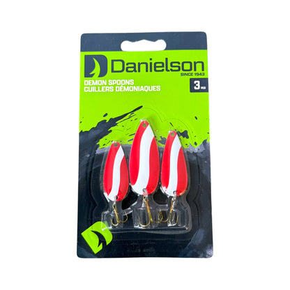 A 3-pack of Danielson Demon Spoons fishing lures in red and white striped pattern, packaged in a black and neon green blister card.