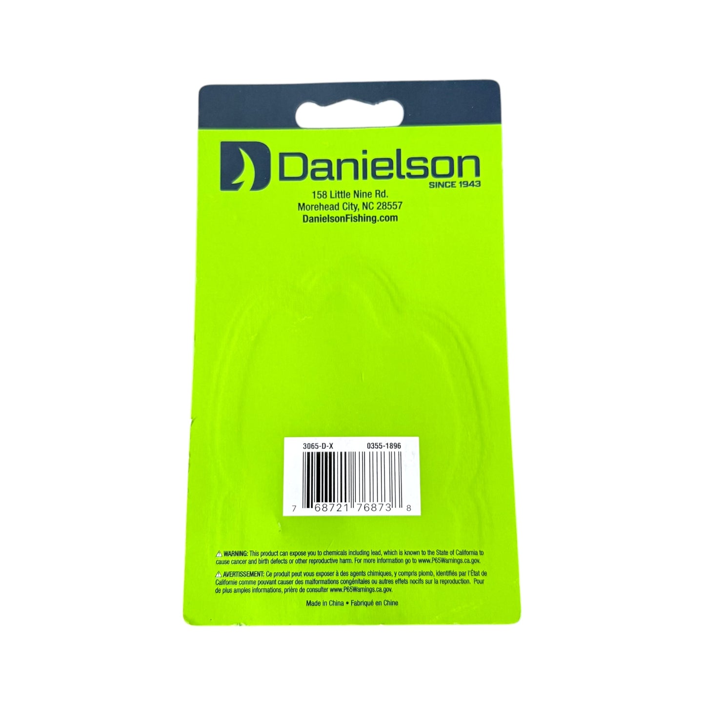 Danielson fishing spoons in their retail packaging, featuring a bright neon green card backing with a dark blue header and a barcode.