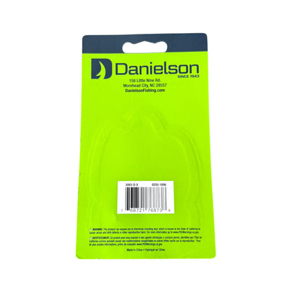 Danielson fishing spoons in their retail packaging, featuring a bright neon green card backing with a dark blue header and a barcode.