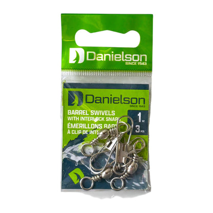 A package of three Danielson barrel swivels with interlock snap clips, shown in its green and blue retail packaging against a white background.