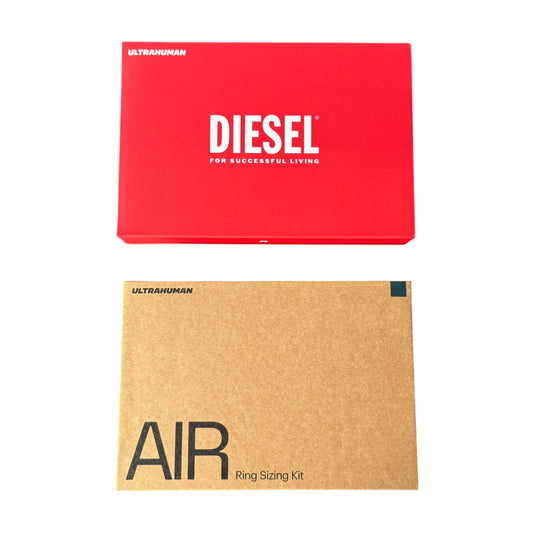 A red Diesel Ultrahuman box above a brown kraft paper box labeled AIR Ring Sizing Kit, on a plain white background.