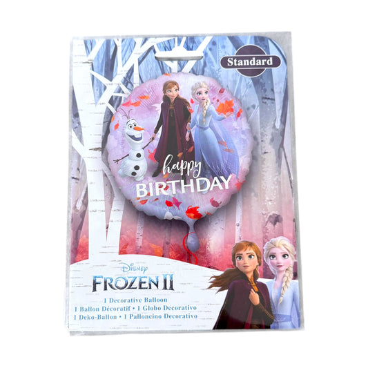 Disney Frozen II themed foil balloon packaging, featuring Anna, Elsa, and Olaf on a light purple balloon with 'happy BIRTHDAY' text, set against a white birch tree background.