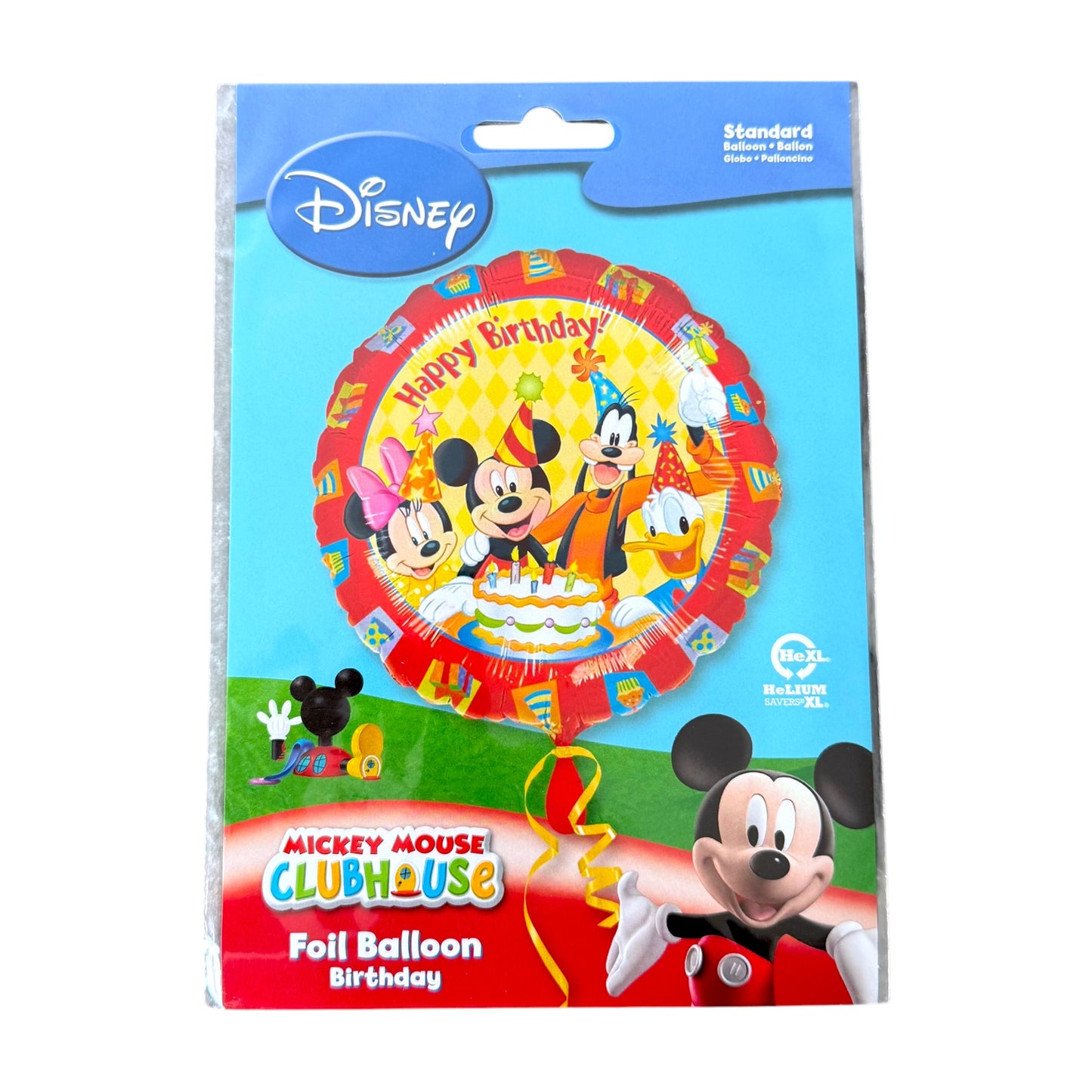 Disney Mickey Mouse Clubhouse foil balloon in its retail packaging, featuring a colorful round balloon with Mickey, Minnie, Goofy, and Donald Duck celebrating with a birthday cake on a yellow background.