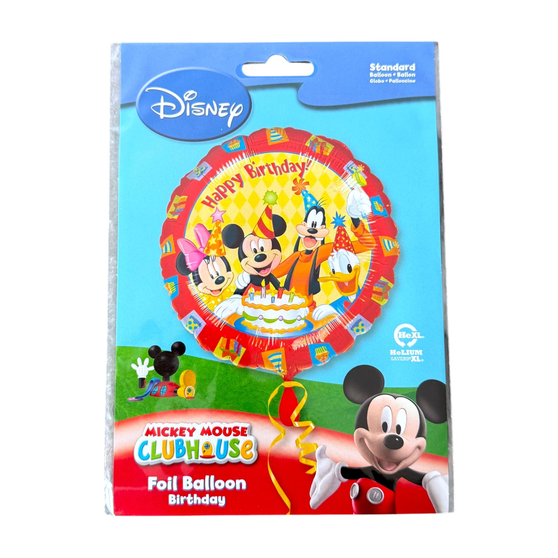 Disney Mickey Mouse Clubhouse foil balloon in its retail packaging, featuring a colorful round balloon with Mickey, Minnie, Goofy, and Donald Duck celebrating with a birthday cake on a yellow background.