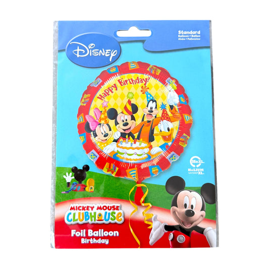 Disney Mickey Mouse Clubhouse foil balloon in its retail packaging, featuring a colorful round balloon with Mickey, Minnie, Goofy, and Donald Duck celebrating with a birthday cake on a yellow background.