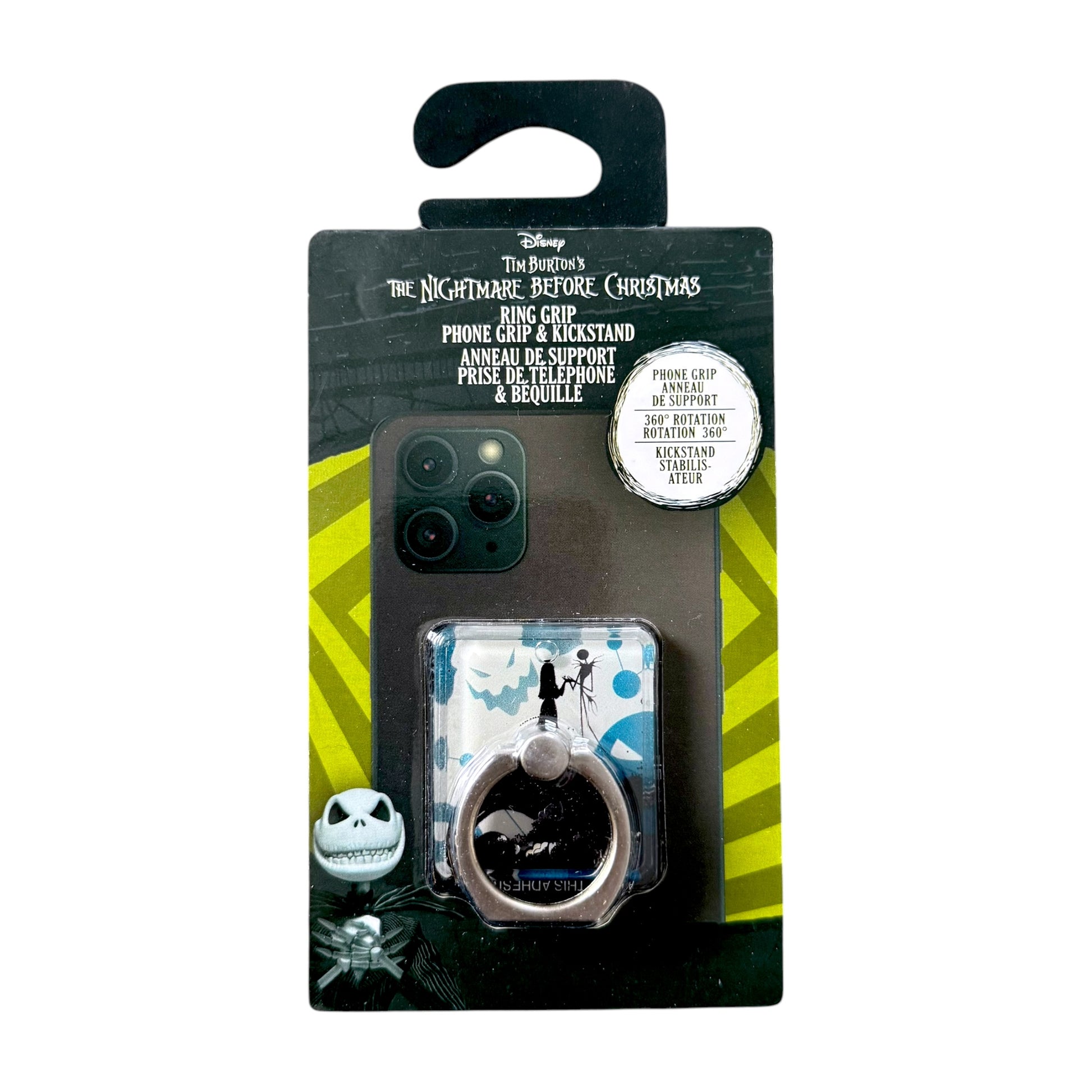 Disney The Nightmare Before Christmas phone grip and stand set in its retail packaging, featuring a black ring grip and a clear case with blue and white Jack Skellington graphics.