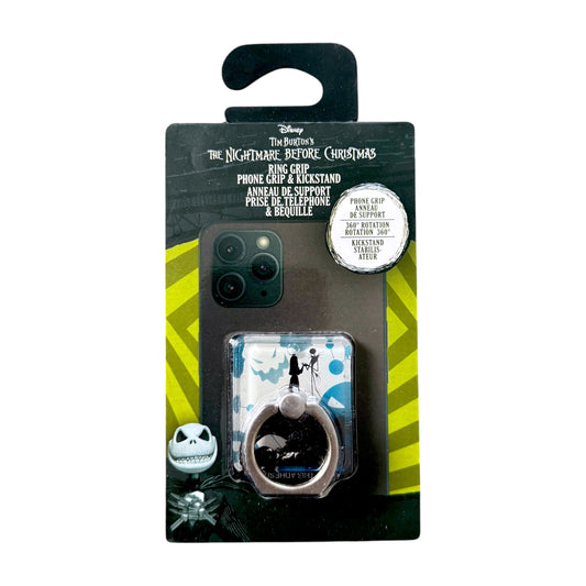 Disney The Nightmare Before Christmas phone grip and stand set in its retail packaging, featuring a black ring grip and a clear case with blue and white Jack Skellington graphics.