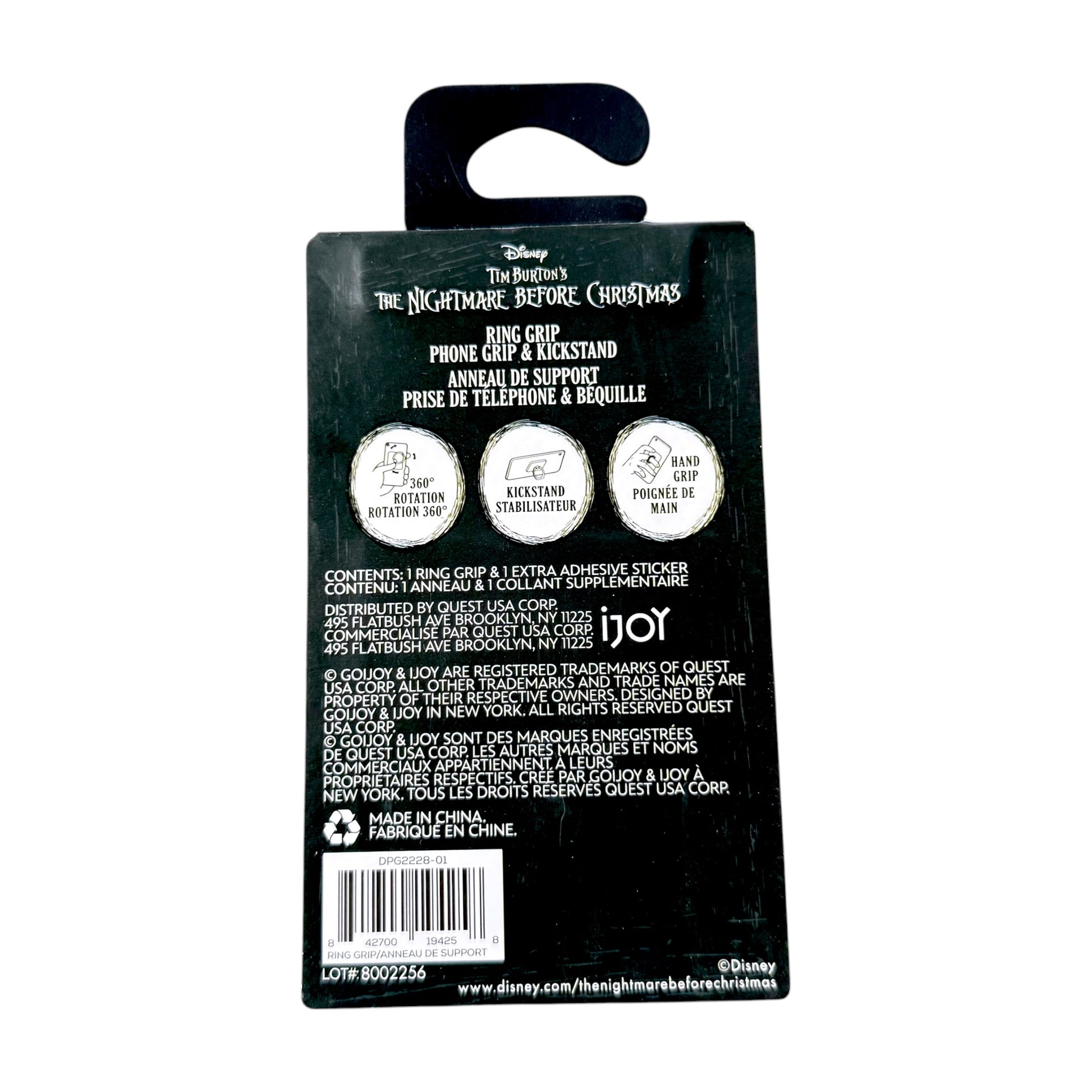 The back of a Disney The Nightmare Before Christmas ring grip and stand retail packaging card, showing product information, icons, barcode, and Disney branding on a black background.