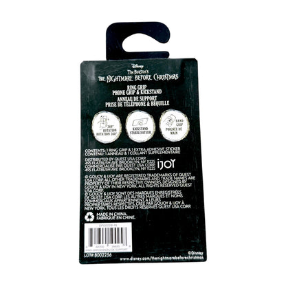 The back of a Disney The Nightmare Before Christmas ring grip and stand retail packaging card, showing product information, icons, barcode, and Disney branding on a black background.