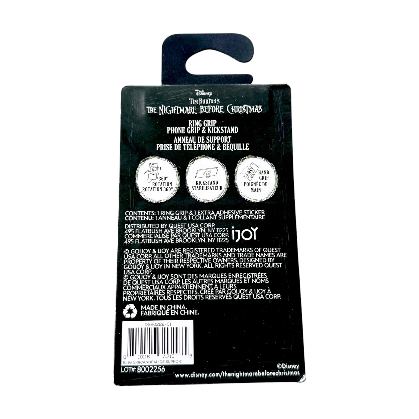 Back of a Disney The Nightmare Before Christmas ring stand packaging insert, showing product information, icons, barcode, and Disney branding on a black card with a hanger tab.