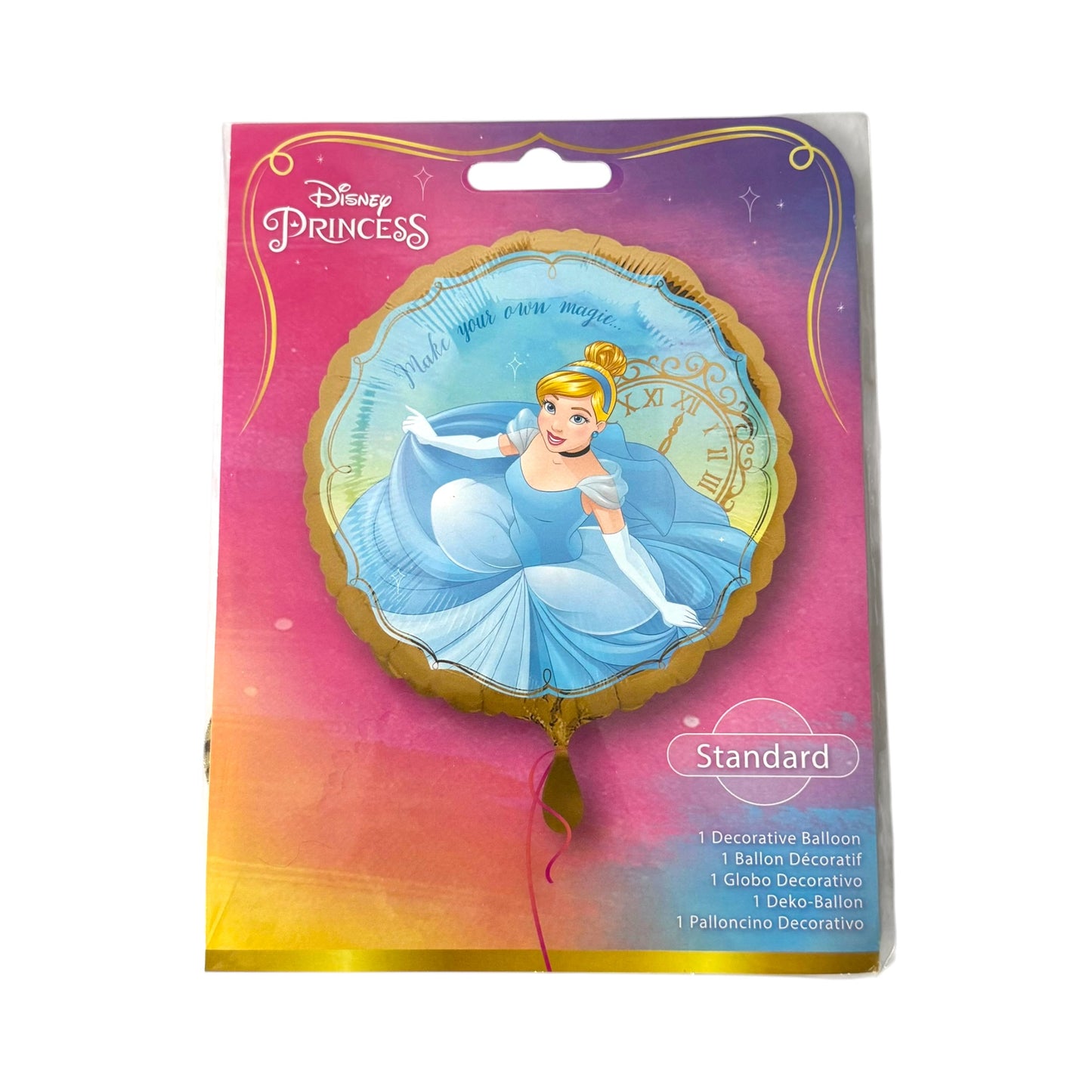 A Disney Princess Cinderella-themed foil balloon in its original retail packaging. The packaging features a colorful gradient background of pink, purple, and yellow, with the Disney Princess logo at the top.