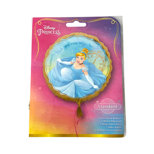 A Disney Princess Cinderella-themed foil balloon in its original retail packaging. The packaging features a colorful gradient background of pink, purple, and yellow, with the Disney Princess logo at the top.