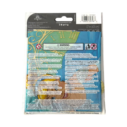 Back view of a packaged Disney Magic Kingdom 17-inch balloon featuring a blue and gold clock design with an illustrated character.
