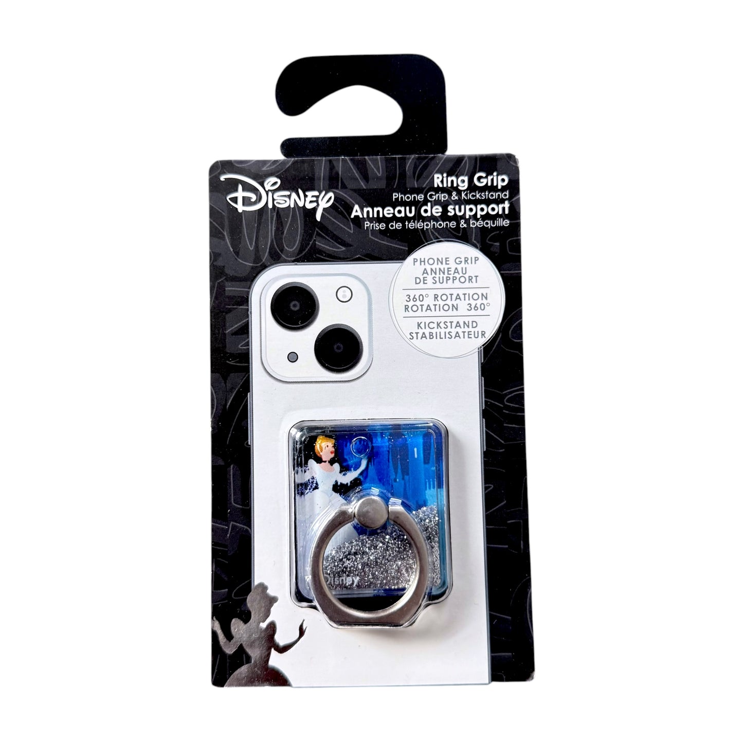 Disney branded phone grip ring holder in retail packaging, featuring a clear case with blue glitter and a silver ring holder, shown on a white background.