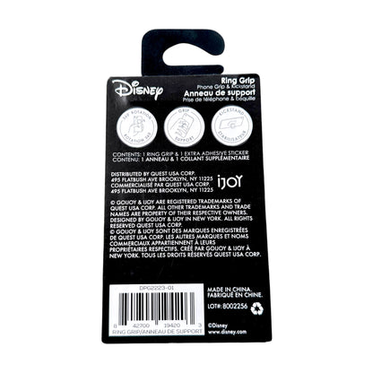 Back of a Disney iJoy ring grip packaging card, showing product details, barcodes, and text on a white background.