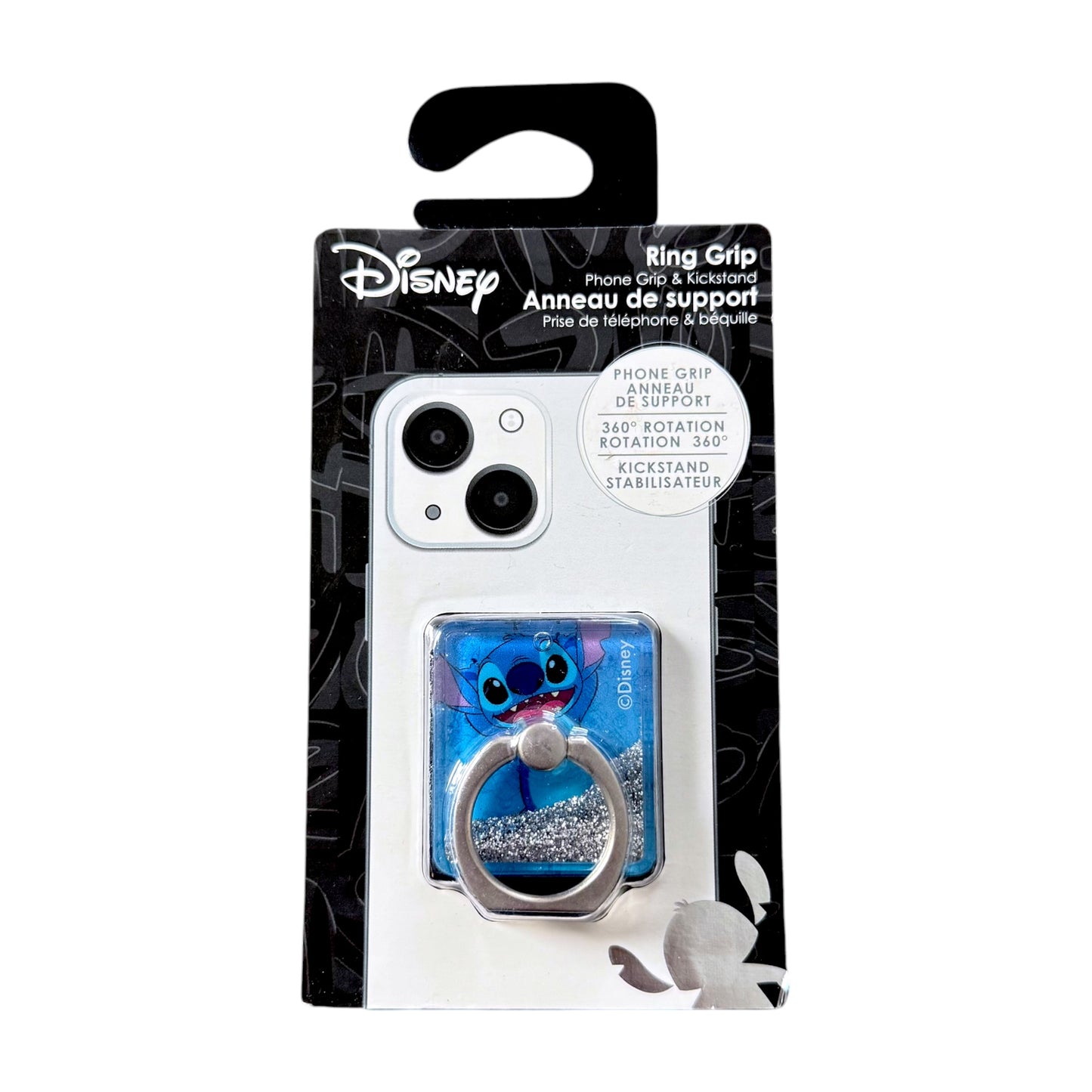 Disney Ring Grip phone grip and stand in its retail packaging, featuring a blue glittery character design with a silver metal ring.