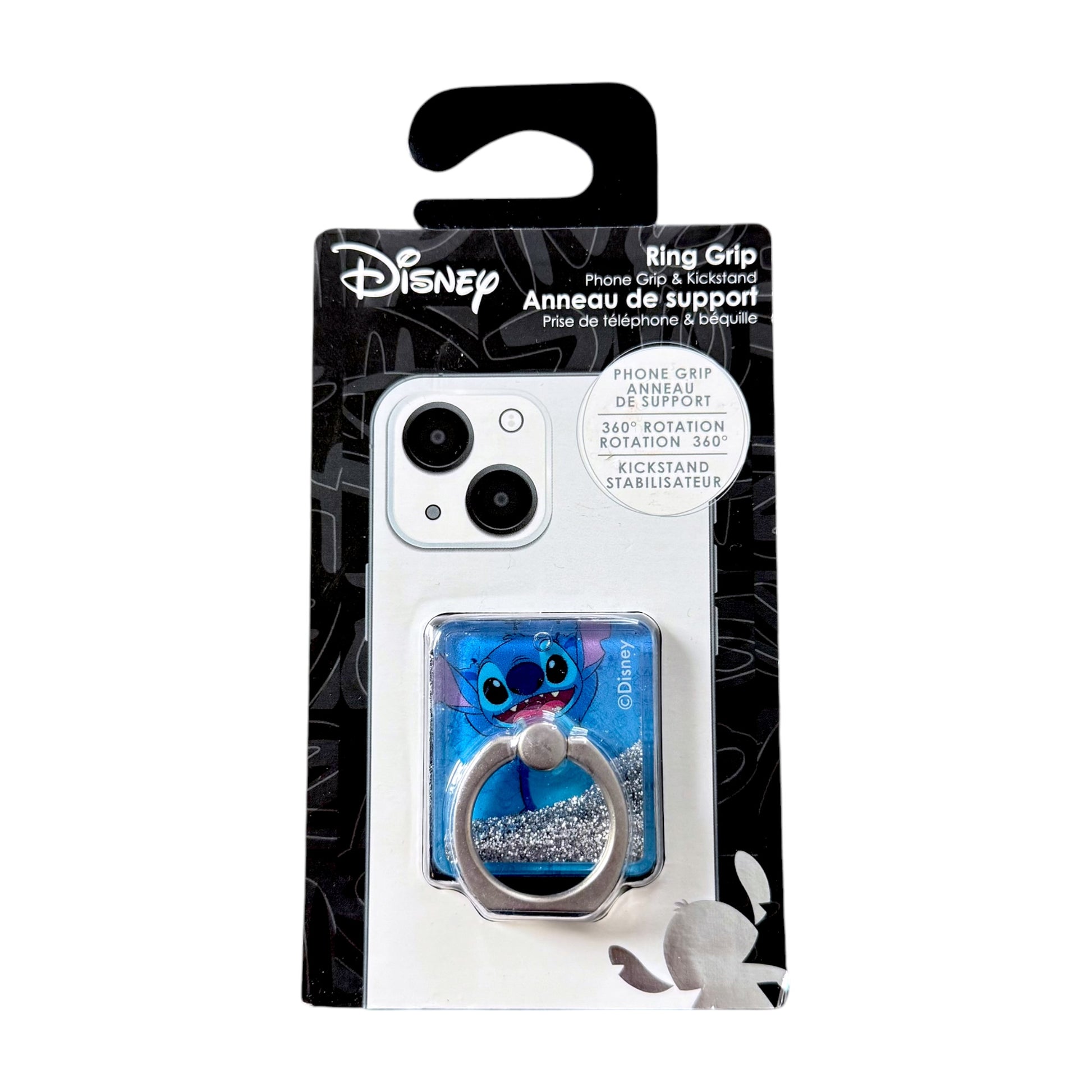 Disney Ring Grip phone grip and stand in its retail packaging, featuring a blue glittery character design with a silver metal ring.