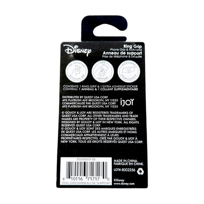 Back of a Disney phone ring grip packaging card, showing product information, barcodes, and the IJor brand name on a white background.