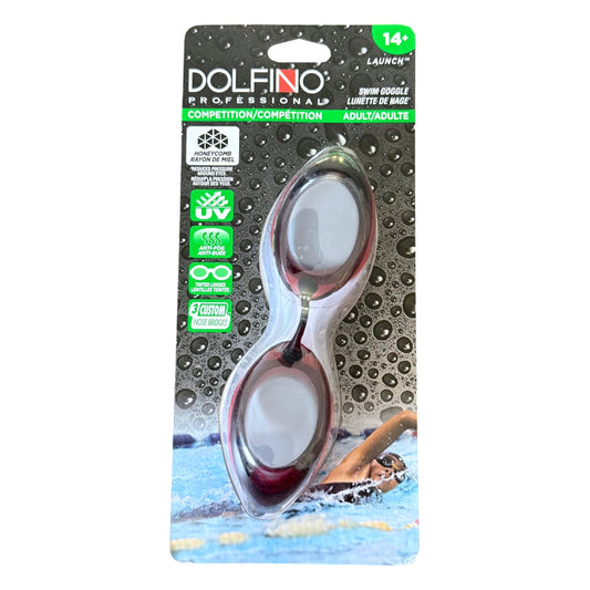 Dolfinio swim goggles packaging with a swimmer image on a white background