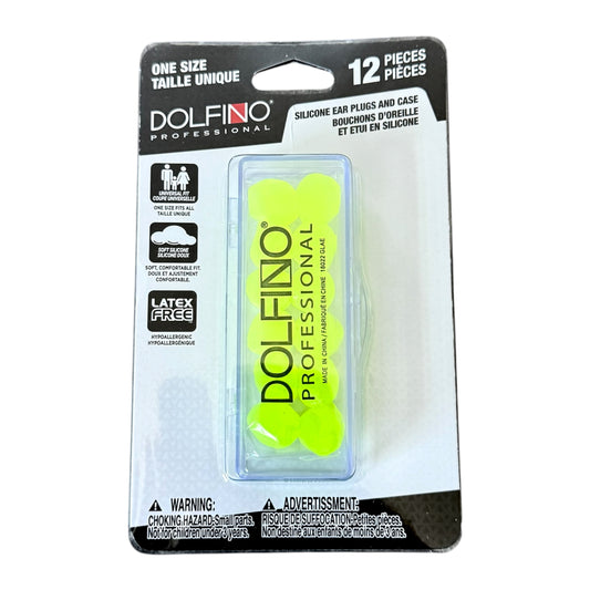 Pack of Dolfinio professional silicone ear plugs with packaging on a white background