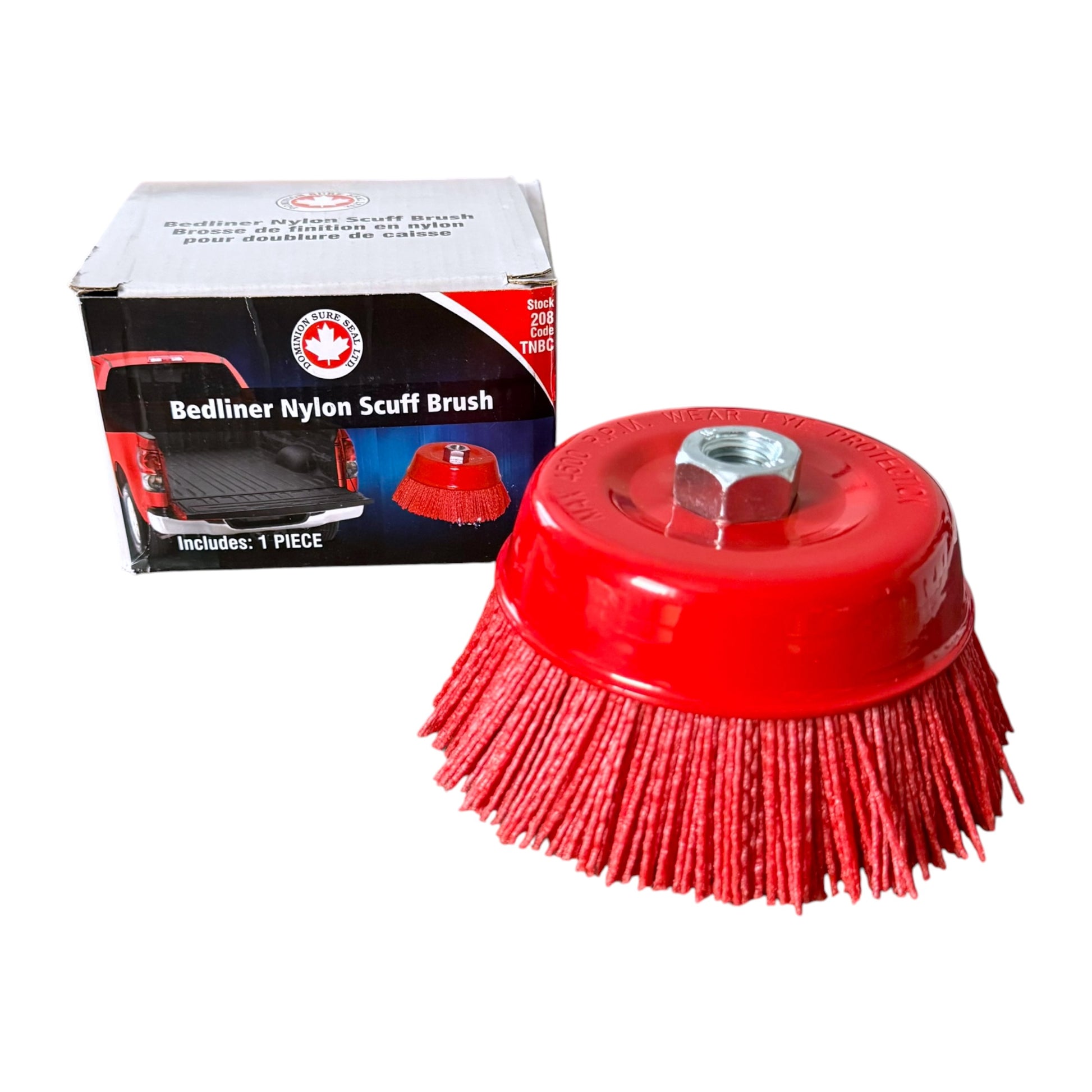 A red nylon bedliner scuff brush with a metal mounting nut, shown next to its retail packaging box on a white background.