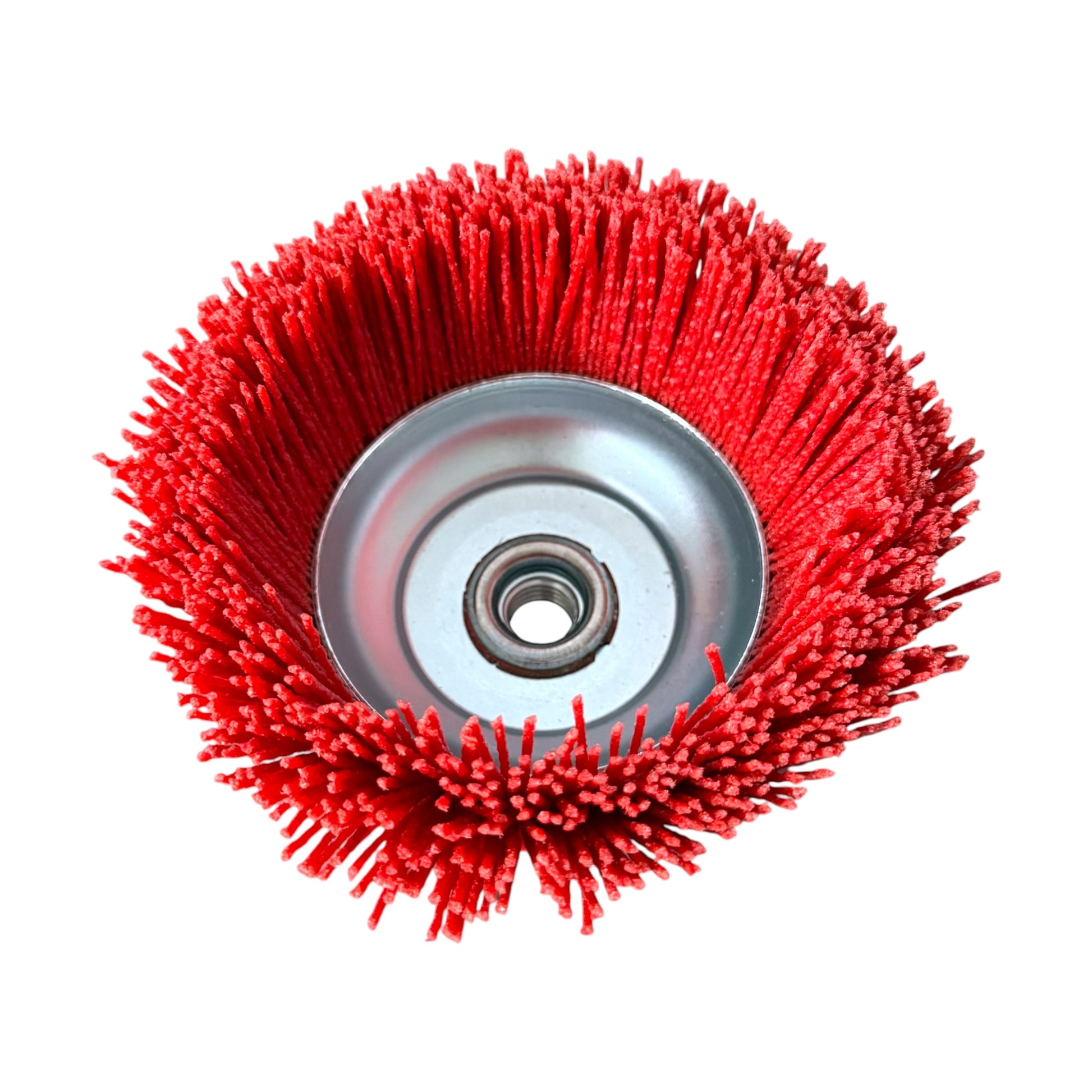 A red wire brush wheel attachment with a silver metal mounting hub, shown from a top-down view on a white background.