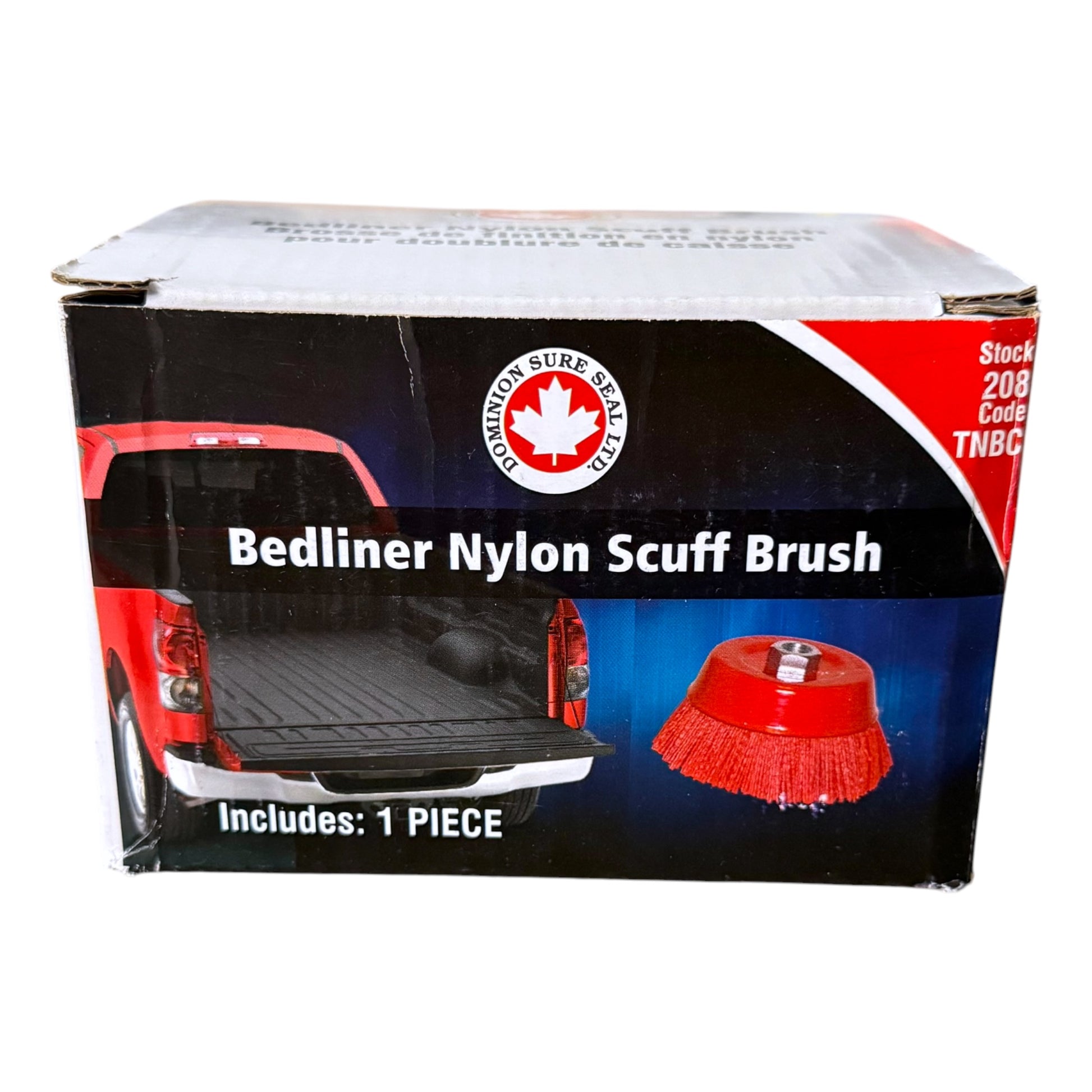 A box of a Bedliner Nylon Scuff Brush, featuring a red and black design with an illustration of a pickup truck bed and a photo of the red brush.