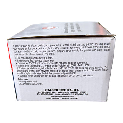 The back of a white cardboard box for a scuff brush, showing product details and specifications in black text, with the brand 'DOMINION SURE SEAL LTD.' printed at the bottom.