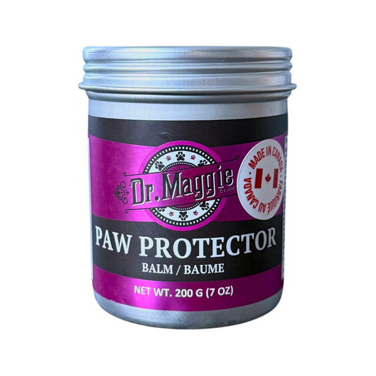 A silver metal jar of Dr. Maggie Paw Protector Balm with a purple and black label, isolated on a white background.