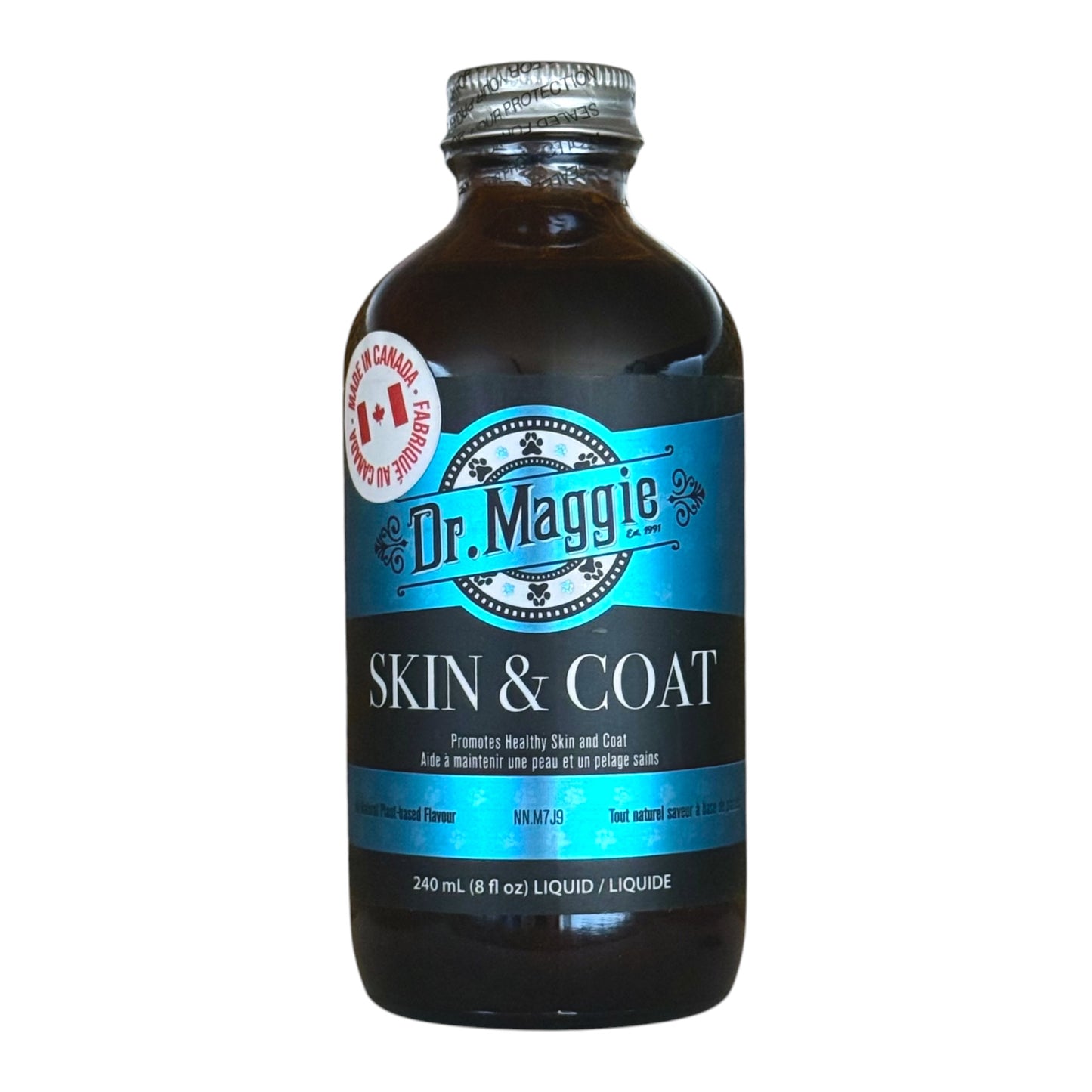 A 240 mL bottle of Dr. Maggie Skin & Coat liquid supplement, featuring a dark amber-brown bottle with a silver cap and a blue and black label.