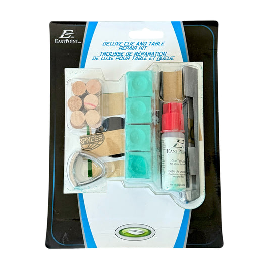 EastPoint Deluxe Cue and Table Repair Kit packaging with various repair tools.