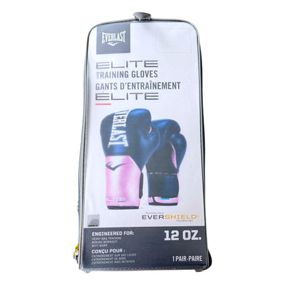 Everlast Elite Training Gloves in a zippered carrying case, featuring a white and black package with a graphic of pink and blue boxing gloves.